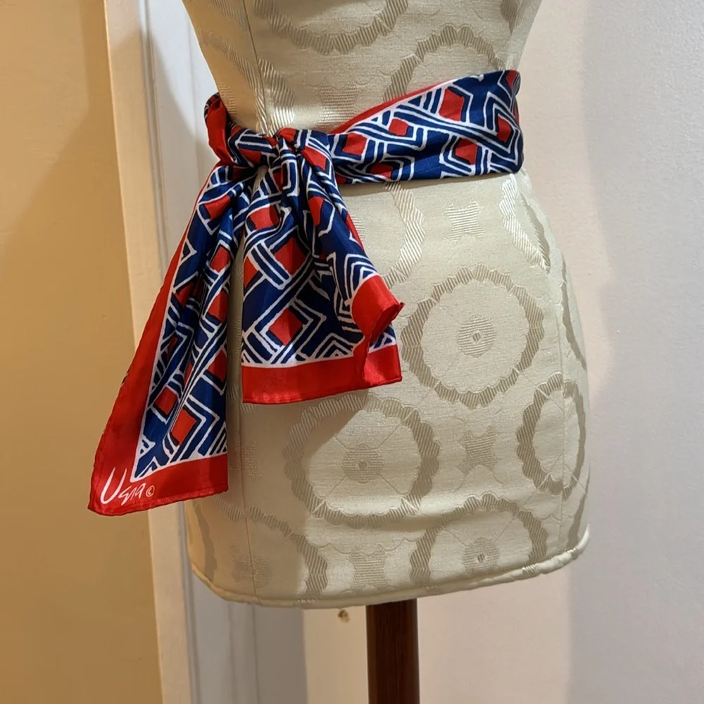 Vera Rectangular Geo Abstract Red White Blue Vintage Scarf Japan 44”x15 1/2”